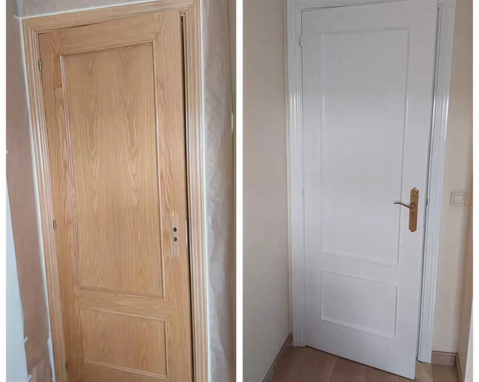 Antes y después de lacar puerta de madera en blanco por El Pintor en Cádiz