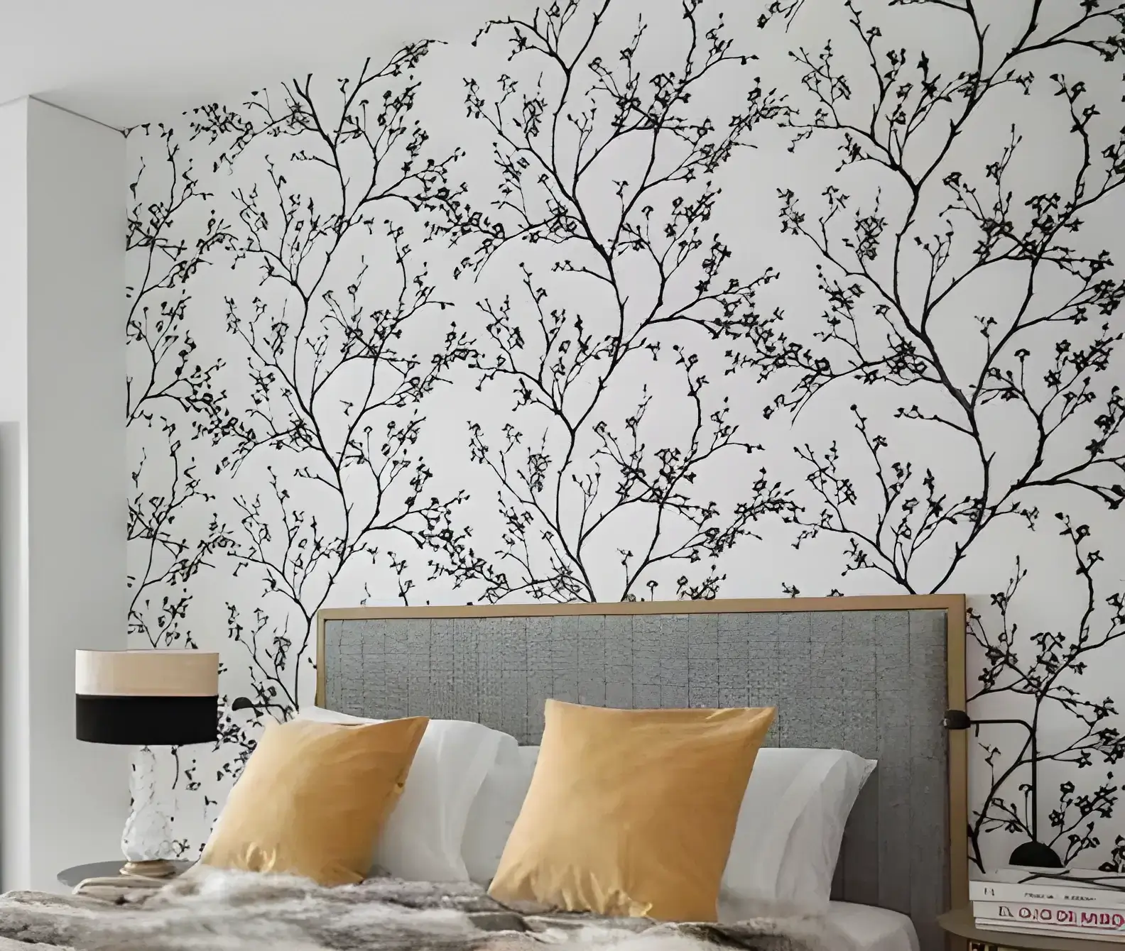 El Pintor en Cádiz instalando papel pintado de ramas en cabecero de dormitorio moderno