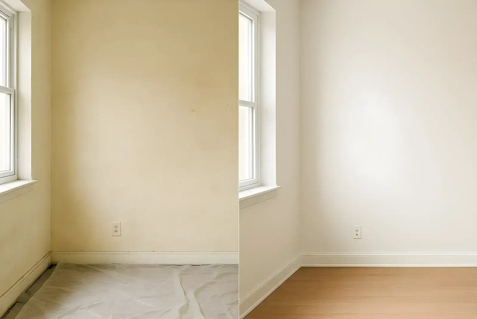 Antes y después de pintura interior en salón, trabajo de El Pintor en Cádiz con paredes renovadas